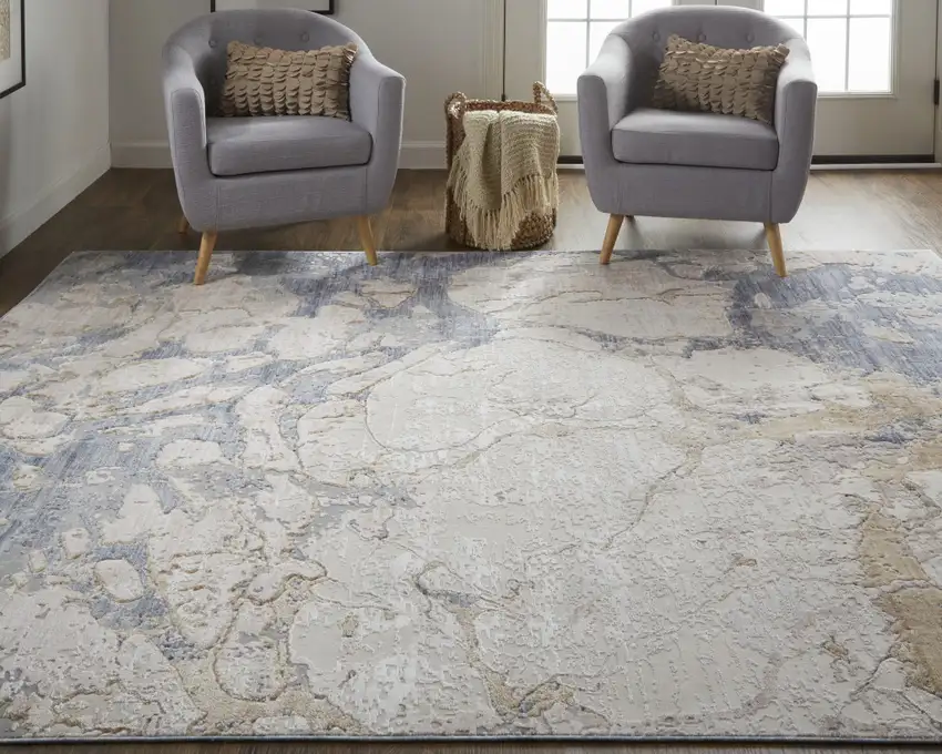 Tan And Blue Abstract Power Loom Distressed Area Rug Photo 6