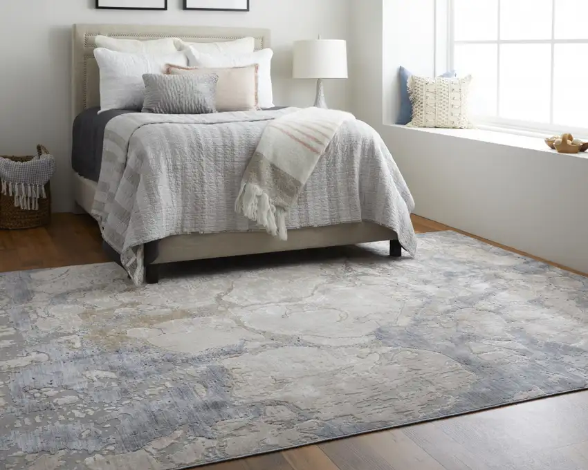 Tan And Blue Abstract Power Loom Distressed Area Rug Photo 8