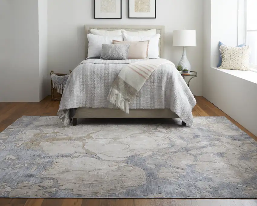 Tan And Blue Abstract Power Loom Distressed Area Rug Photo 7