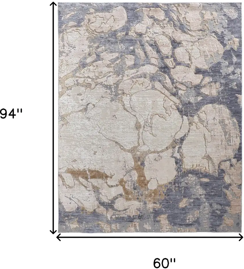 Tan And Blue Abstract Power Loom Distressed Area Rug Photo 10