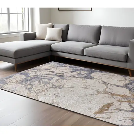 Tan and Blue Abstract Power Loom Distressed Non Skid Area Rug Photo 1