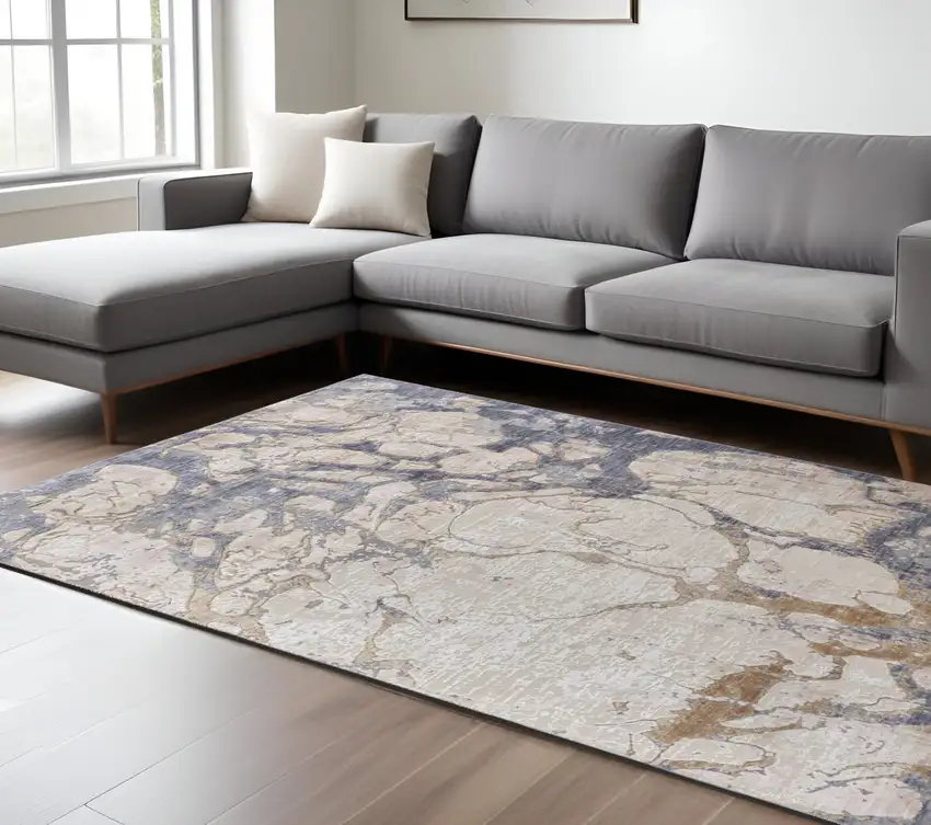Tan and Blue Abstract Power Loom Distressed Non Skid Area Rug Photo 1