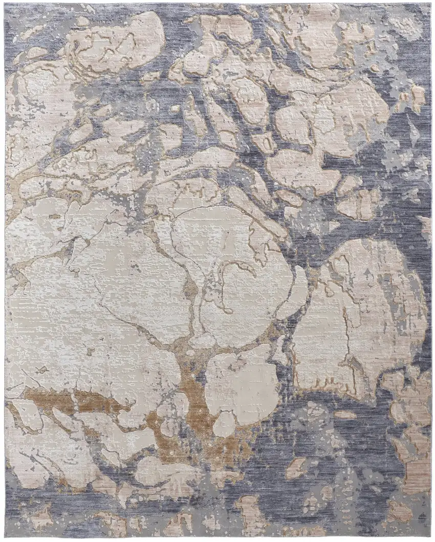 Tan Blue And Beige Abstract Distressed Area Rug Photo 2