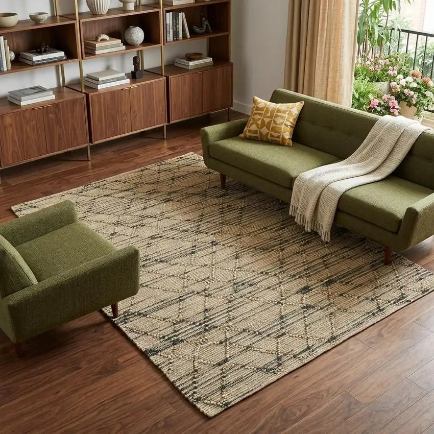 Tan And Blue Jute Argyle Hand Knotted Area Rug Photo 1