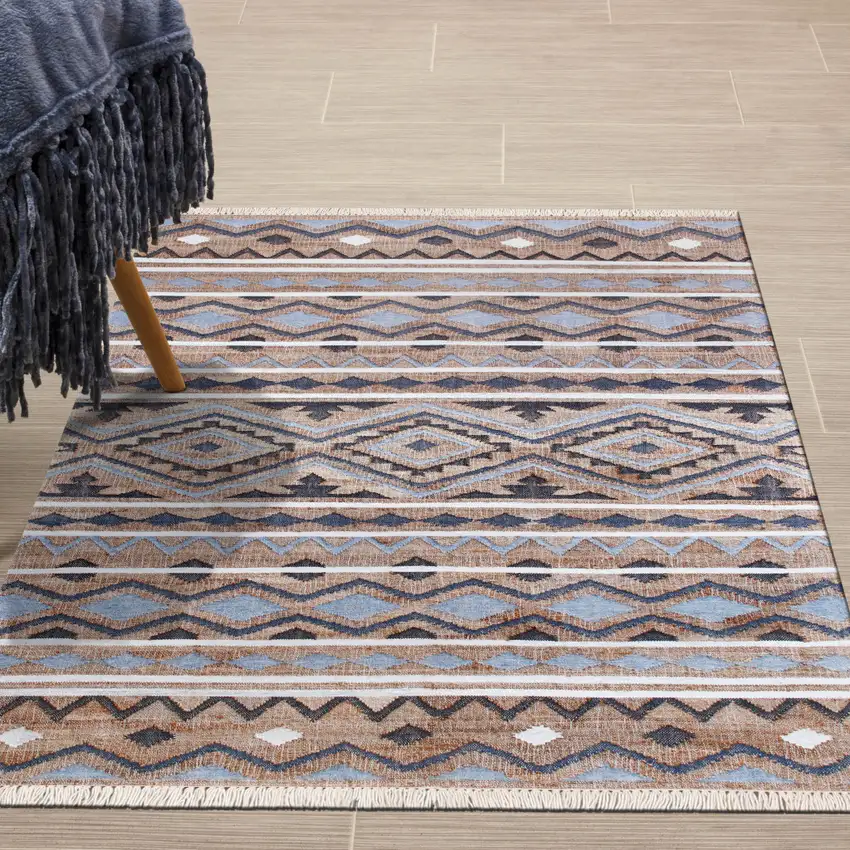 Tan And Blue Jute Geometric Hand Woven Area Rug Photo 6