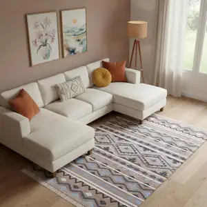 Photo of Tan And Blue Jute Geometric Hand Woven Area Rug