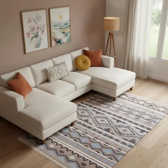 Tan And Blue Jute Geometric Hand Woven Area Rug Photo 1