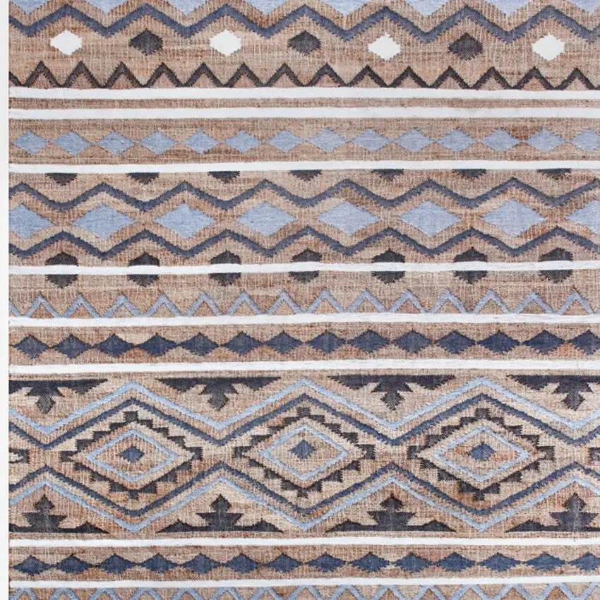 Tan And Blue Jute Geometric Hand Woven Area Rug Photo 5