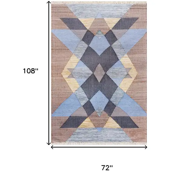 Tan And Blue Jute Geometric Hand Woven Area Rug Photo 3