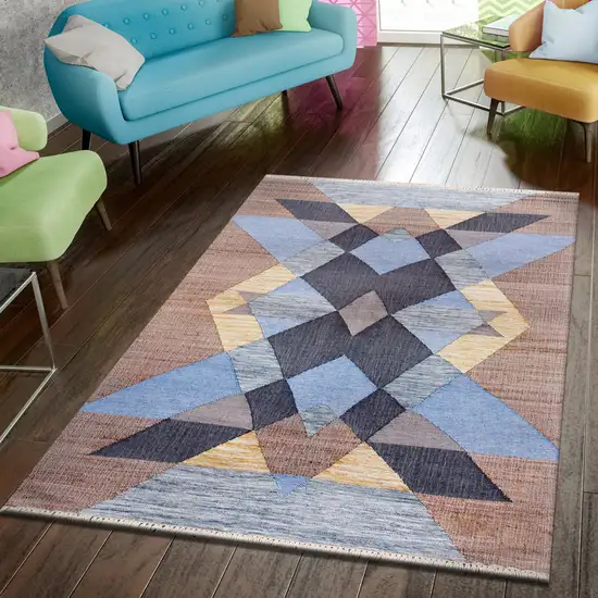 Tan And Blue Jute Geometric Hand Woven Area Rug Photo 6