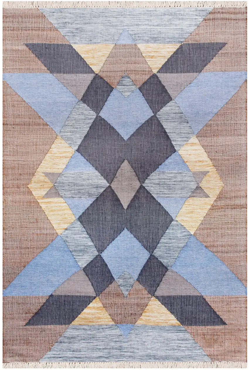 Tan And Blue Jute Geometric Hand Woven Area Rug Photo 2