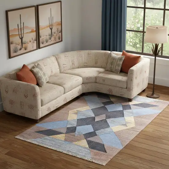 Tan And Blue Jute Geometric Hand Woven Area Rug Photo 1