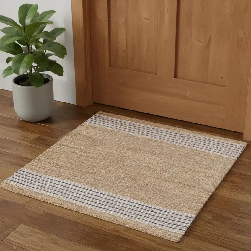 Tan And Blue Jute Striped Hand Woven Area Rug Photo 1