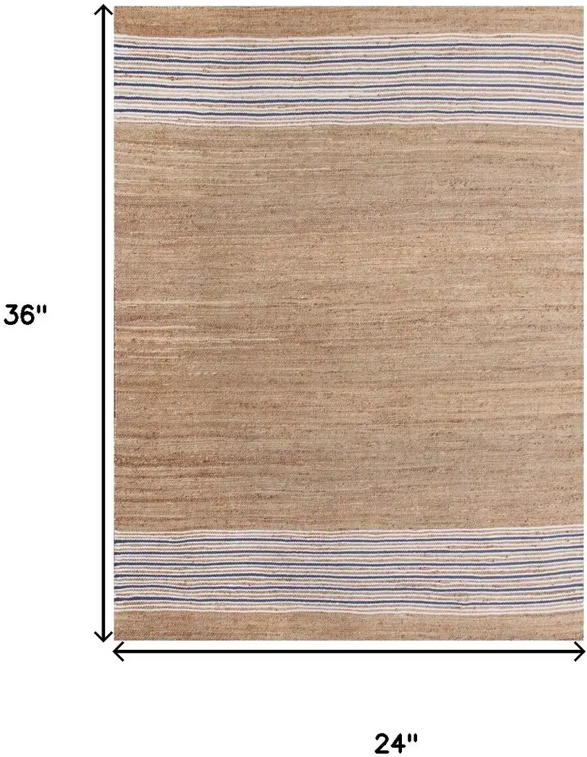Tan And Blue Jute Striped Hand Woven Area Rug Photo 8
