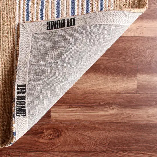 Tan And Blue Jute Striped Hand Woven Area Rug Photo 6