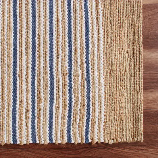 Tan And Blue Jute Striped Hand Woven Area Rug Photo 5