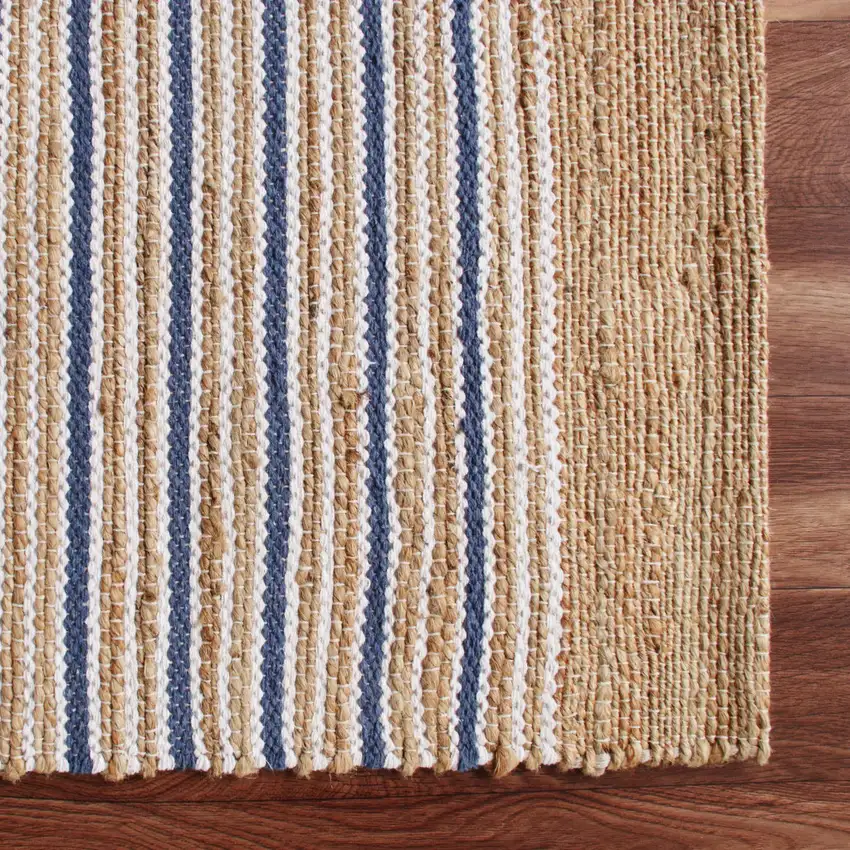 Tan And Blue Jute Striped Hand Woven Area Rug Photo 5