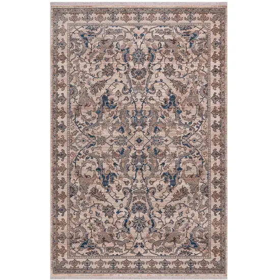 Tan And Blue Oriental Runner Rug With Fringe Photo 3