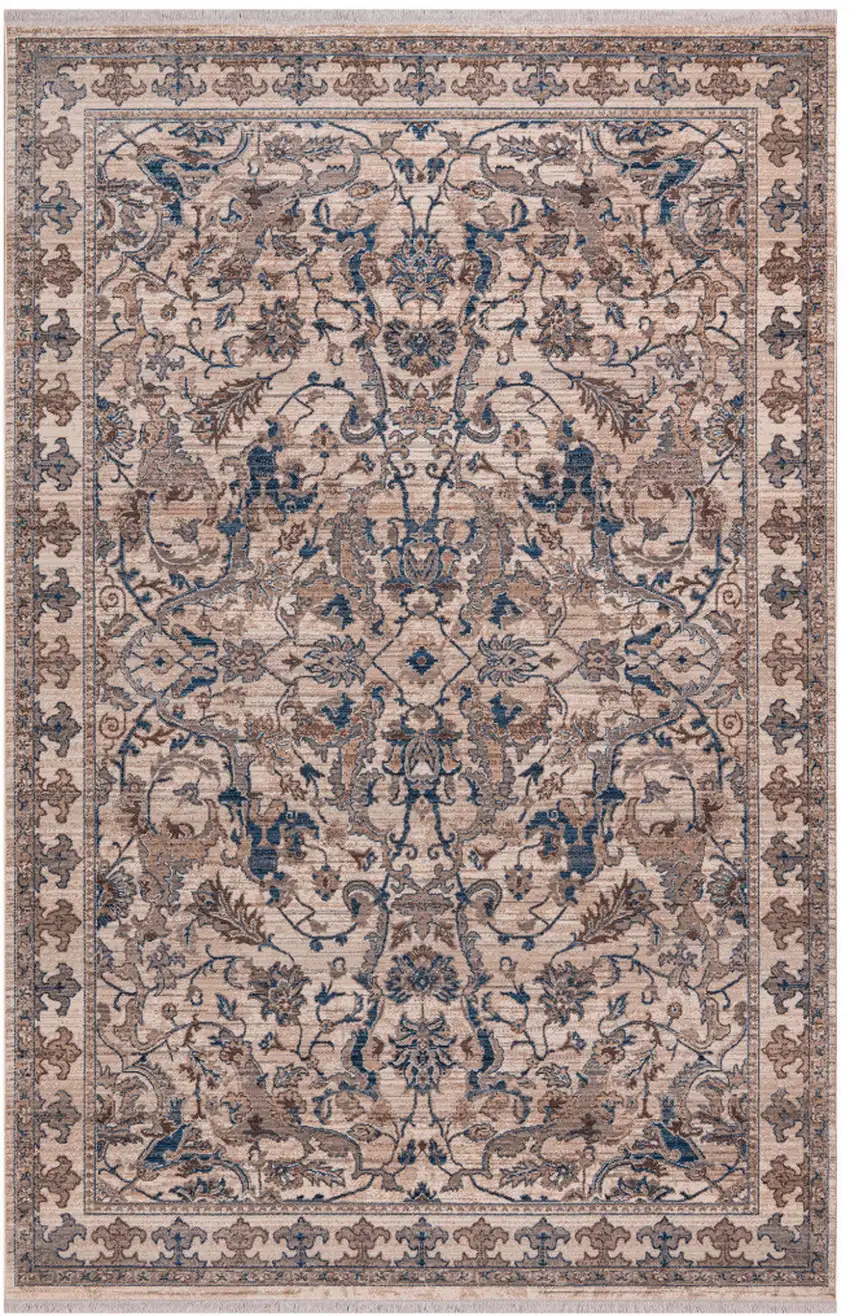 Tan And Blue Oriental Runner Rug With Fringe Photo 3