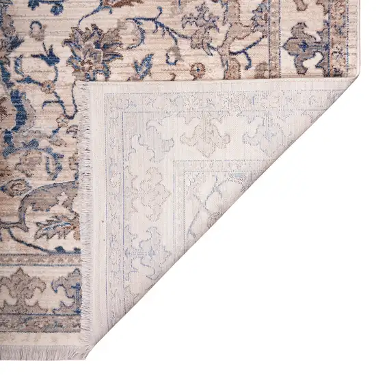 Tan And Blue Oriental Runner Rug With Fringe Photo 6
