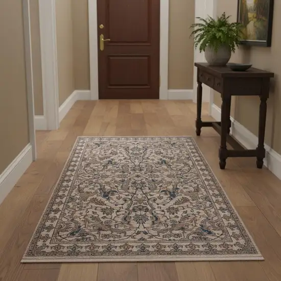 Tan And Blue Oriental Runner Rug With Fringe Photo 1