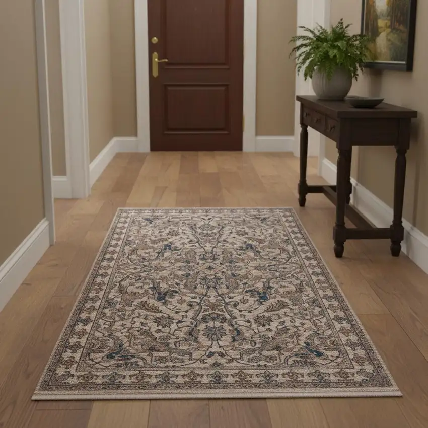 Tan And Blue Oriental Runner Rug With Fringe Photo 1