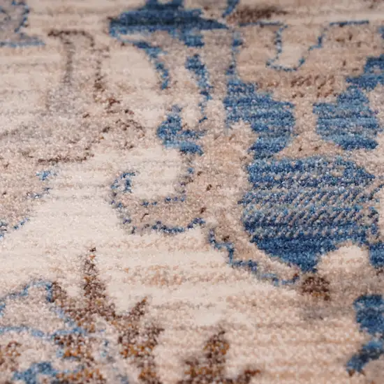 Tan And Blue Oriental Runner Rug With Fringe Photo 8