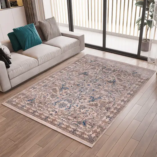 Tan And Blue Oriental Runner Rug With Fringe Photo 5
