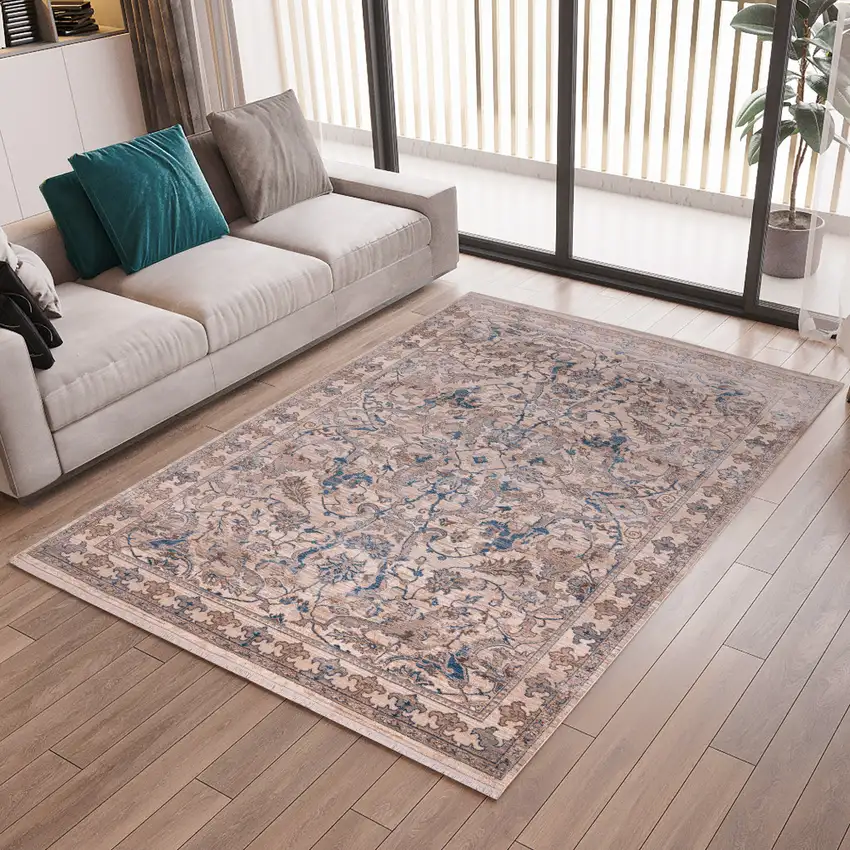 Tan And Blue Oriental Runner Rug With Fringe Photo 5