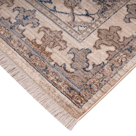 Tan And Blue Oriental Runner Rug With Fringe Photo 7