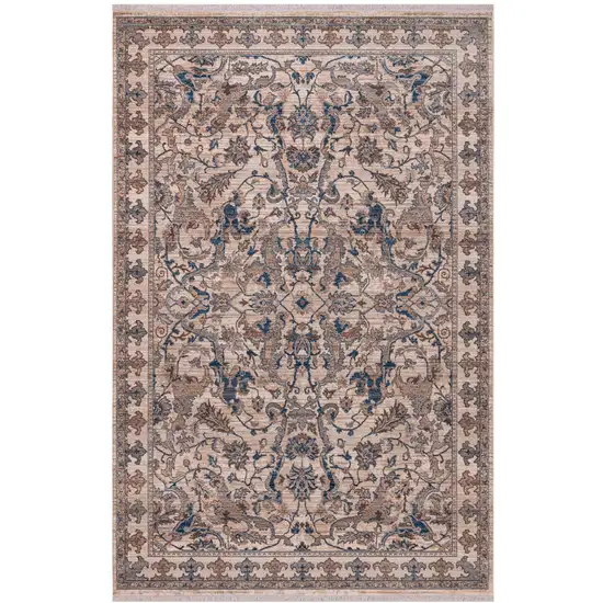 Tan And Blue Oriental Runner Rug With Fringe Photo 2