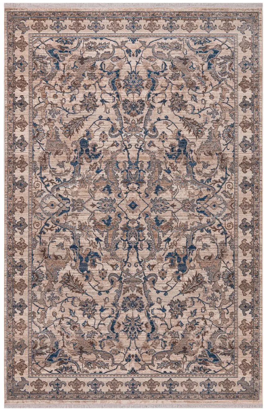 Tan And Blue Oriental Runner Rug With Fringe Photo 2