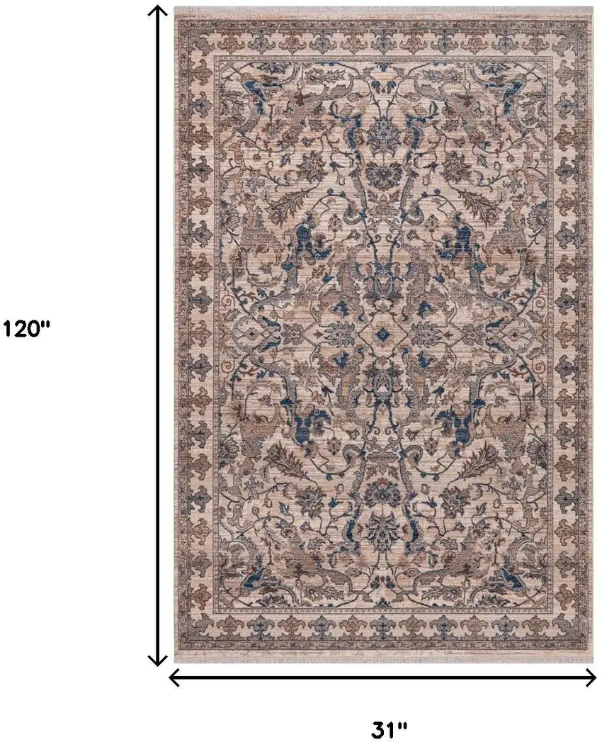 Tan And Blue Oriental Runner Rug With Fringe Photo 9
