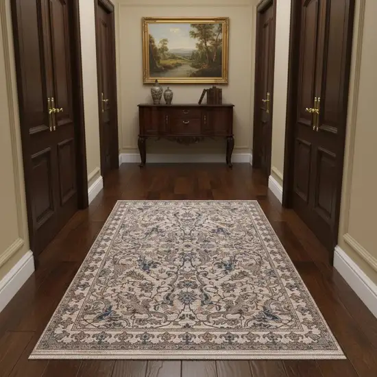 Tan And Blue Oriental Runner Rug With Fringe Photo 1