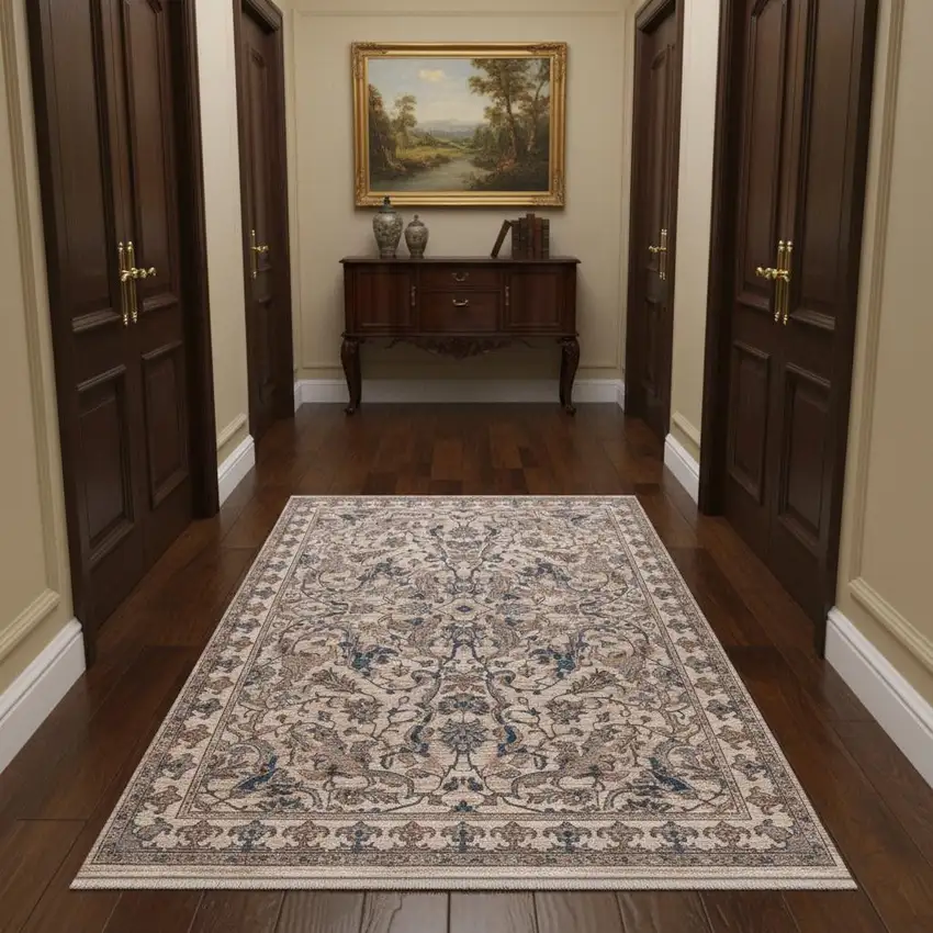 Tan And Blue Oriental Runner Rug With Fringe Photo 1