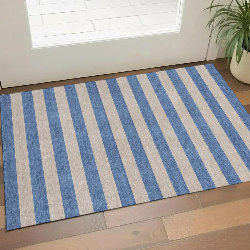 Tan And Blue Striped Washable Area Rug With UV Protection Photo 1