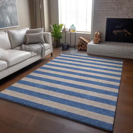Tan And Blue Striped Washable Area Rug With UV Protection Photo 4