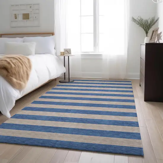 Tan And Blue Striped Washable Area Rug With UV Protection Photo 3