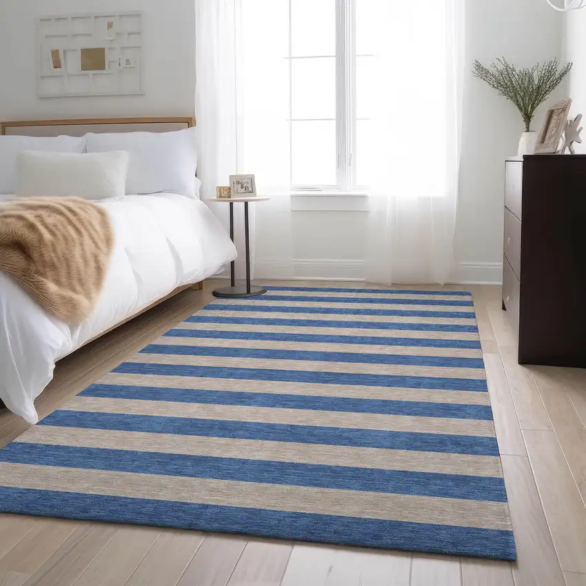 Tan And Blue Striped Washable Area Rug With UV Protection Photo 3