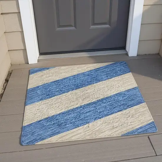 Tan And Blue Striped Washable Area Rug With UV Protection Photo 2