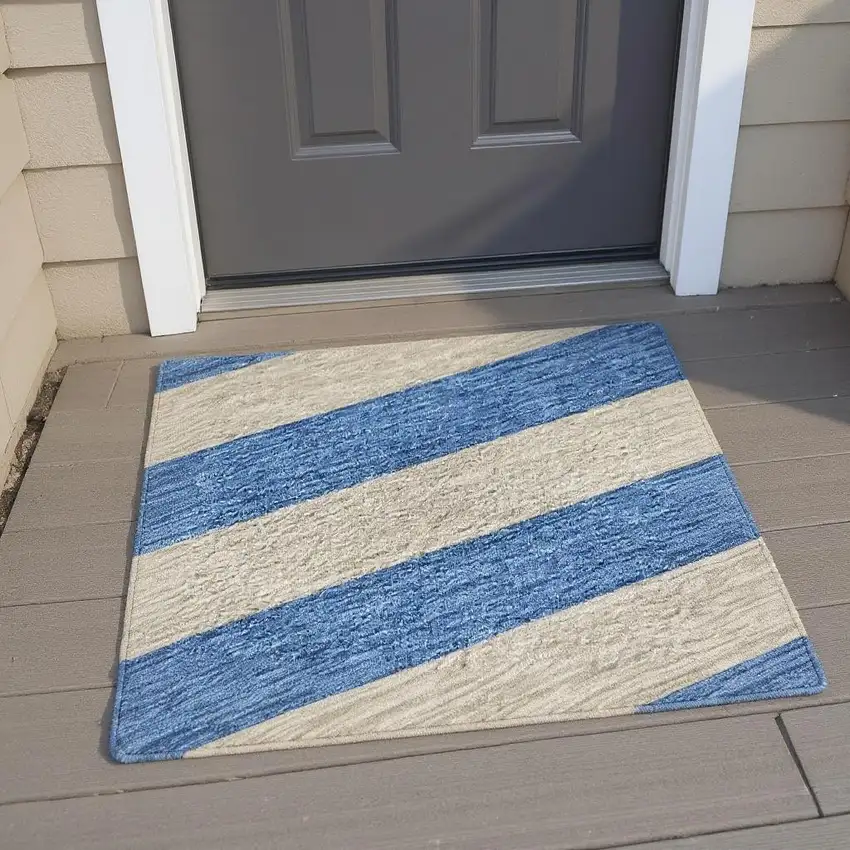 Tan And Blue Striped Washable Area Rug With UV Protection Photo 2