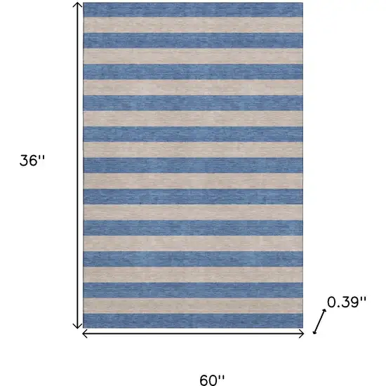 Tan And Blue Striped Washable Area Rug With UV Protection Photo 3
