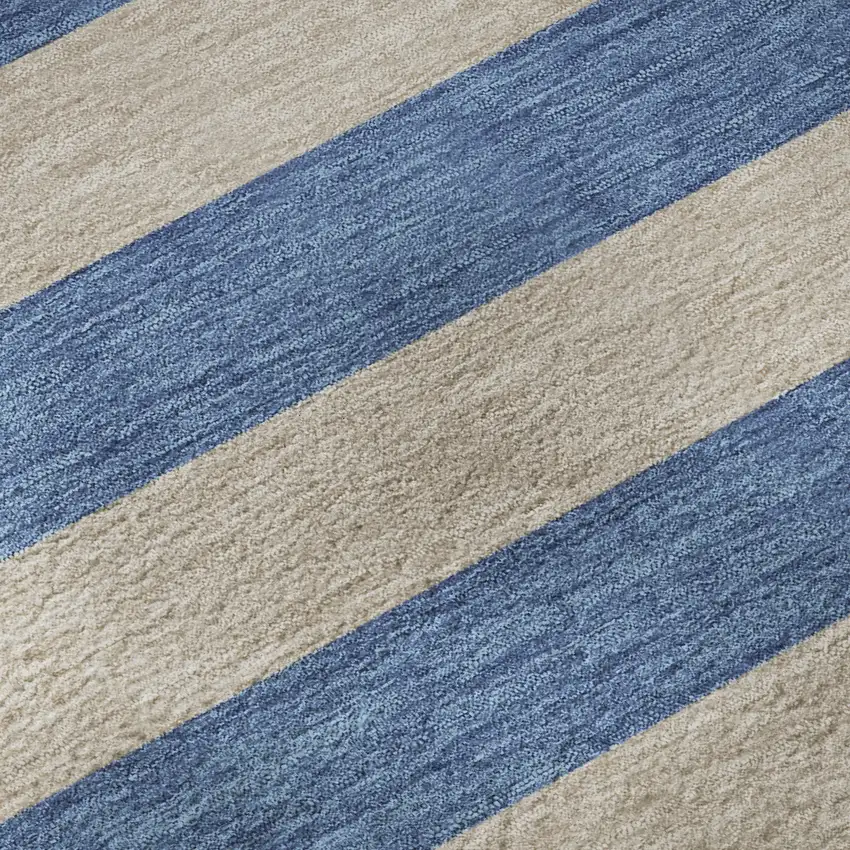 Tan And Blue Striped Washable Area Rug With UV Protection Photo 1