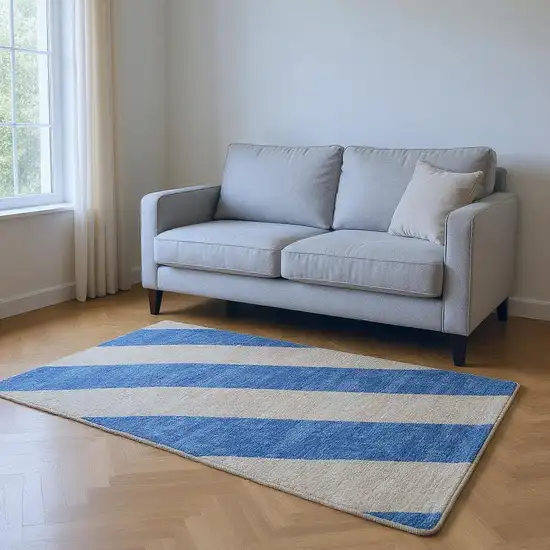 Tan And Blue Striped Washable Area Rug With UV Protection Photo 2