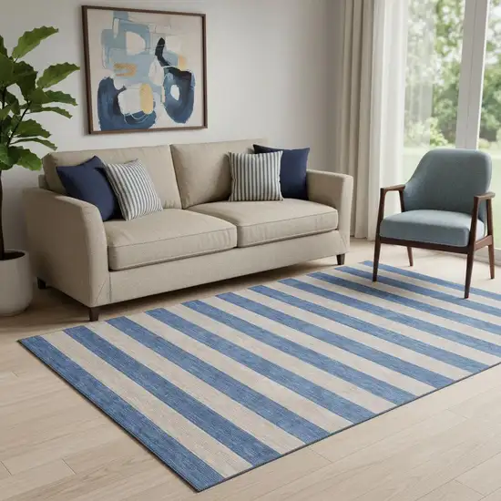 Tan And Blue Striped Washable Area Rug With UV Protection Photo 1