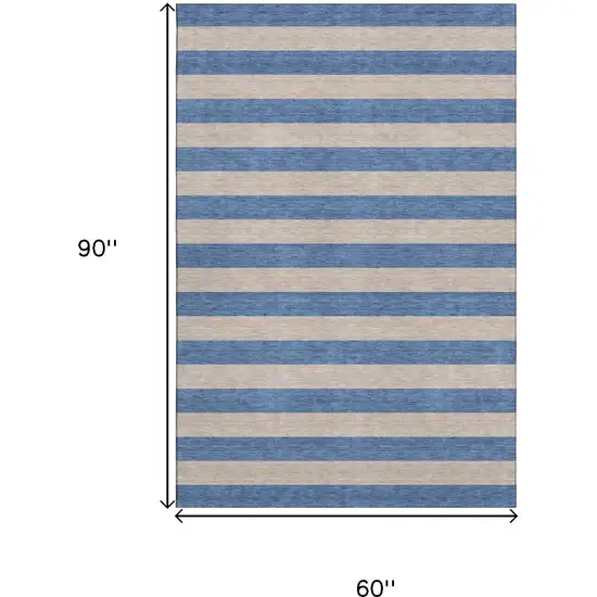 Tan And Blue Striped Washable Area Rug With UV Protection Photo 3
