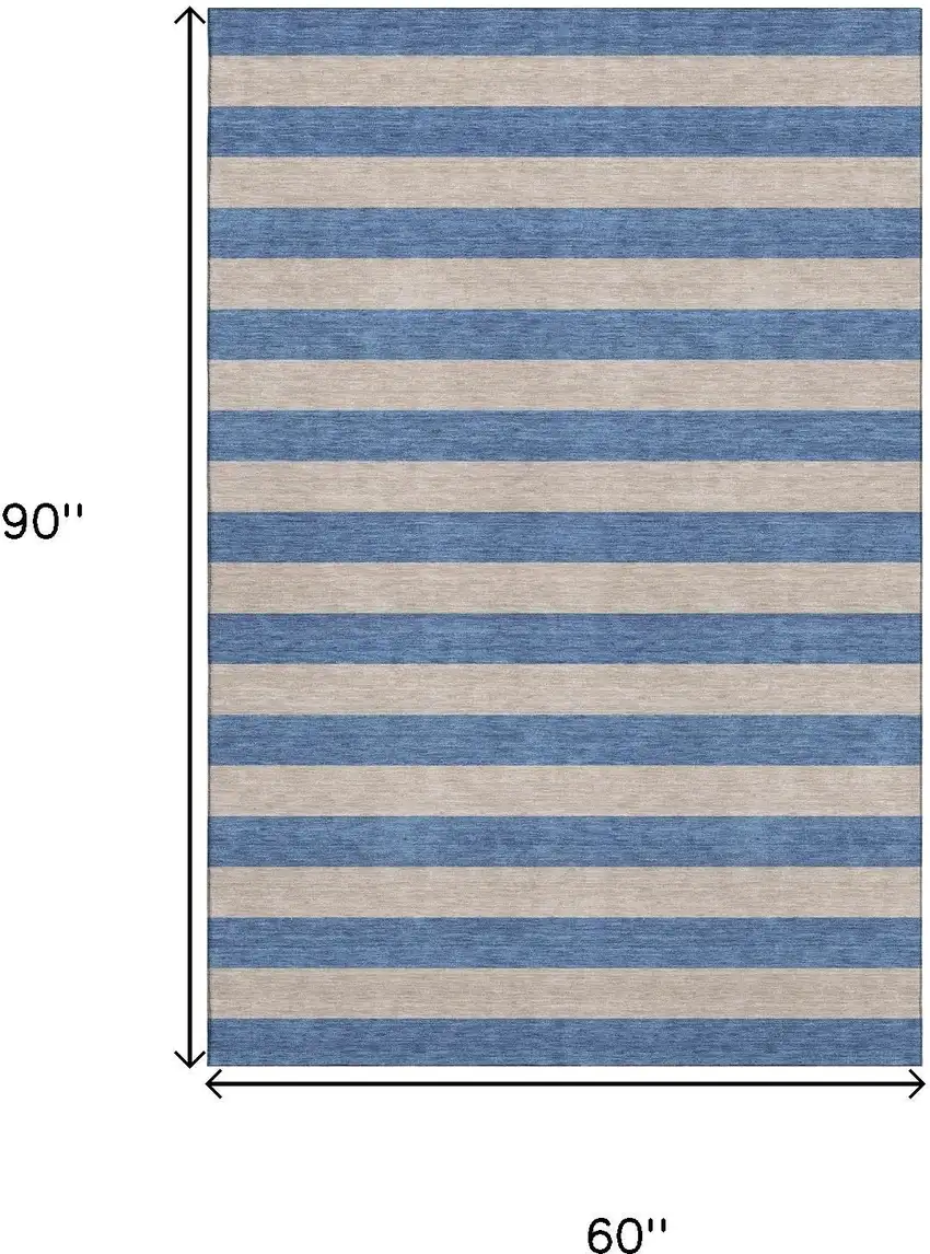 Tan And Blue Striped Washable Area Rug With UV Protection Photo 3