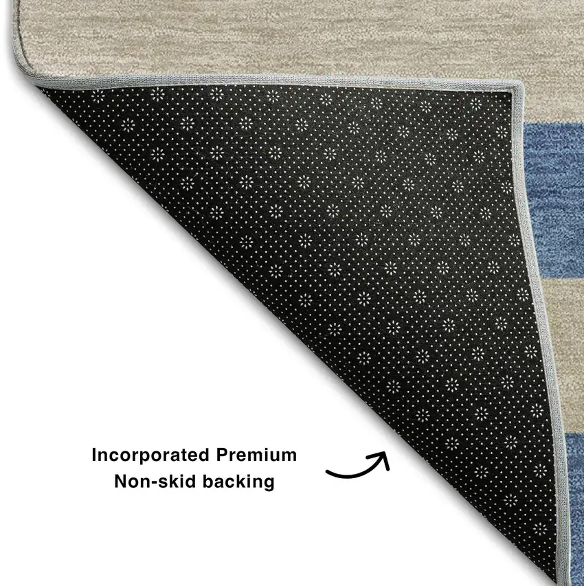 Tan And Blue Striped Washable Area Rug With UV Protection Photo 6