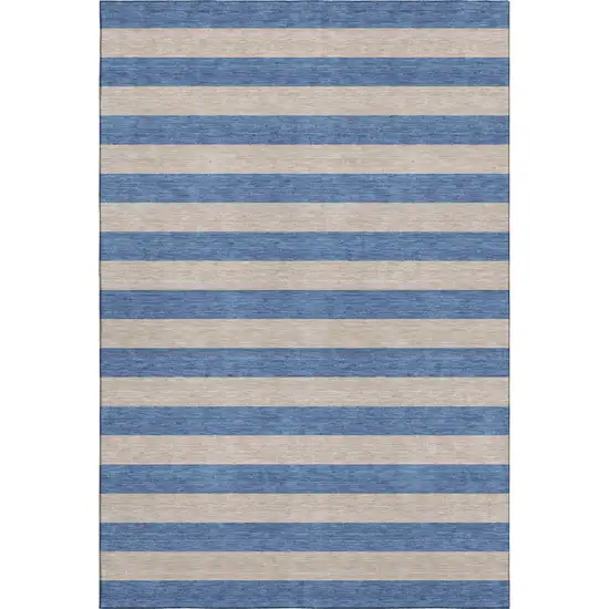 Tan And Blue Striped Washable Area Rug With UV Protection Photo 5