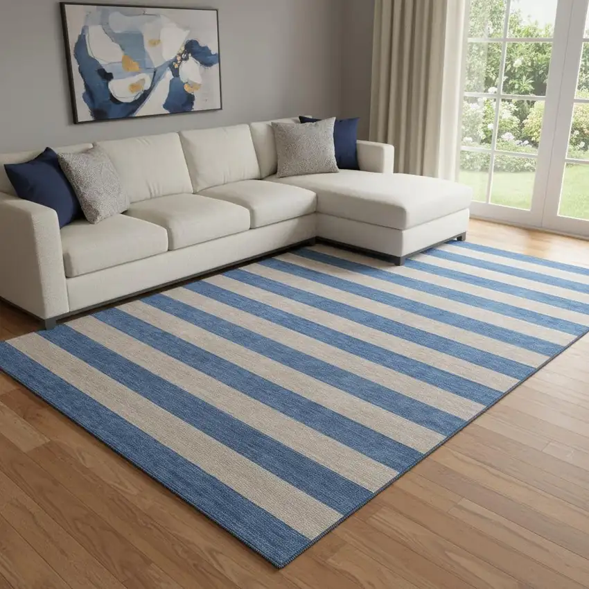 Tan And Blue Striped Washable Area Rug With UV Protection Photo 1